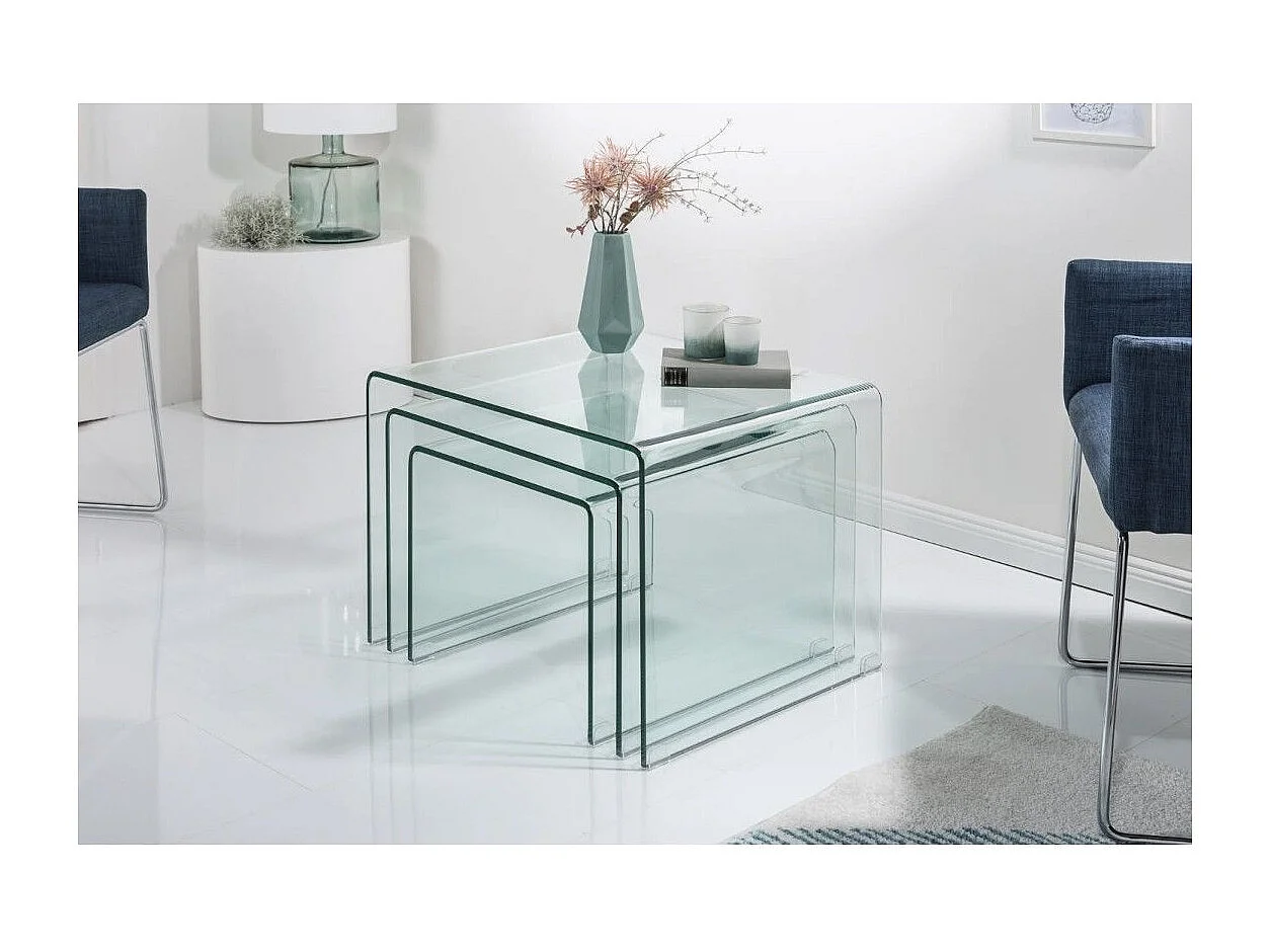 Tables basses empilables HOLOW – Lot de 3 tables basses design en verre trempé