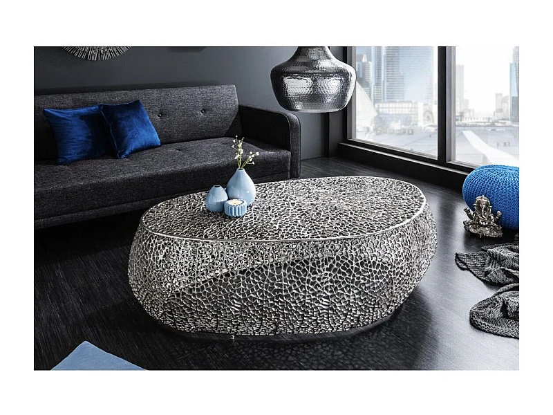 Table basse design METRIX 122x69 cm – Aluminium argenté à motifs arrondis