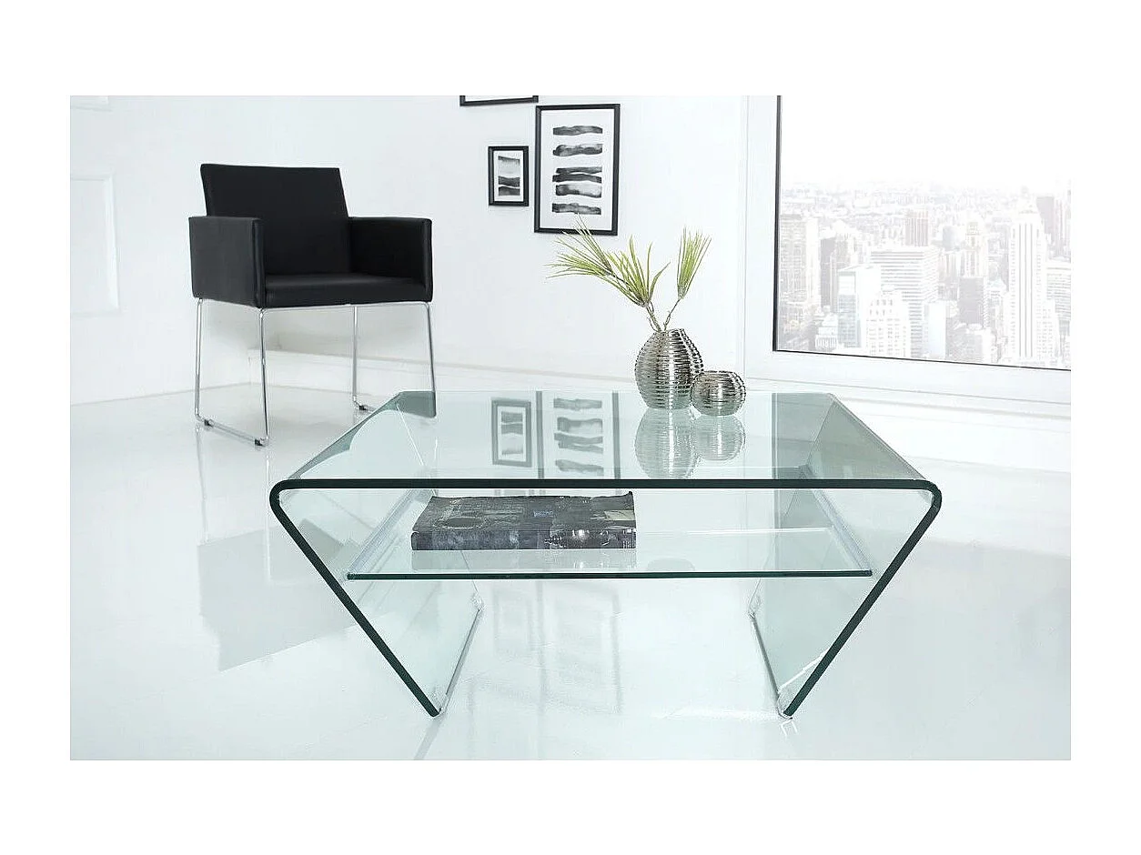 Table basse HOLOW avec étagère – Table basse design asymétrique en verre trempé