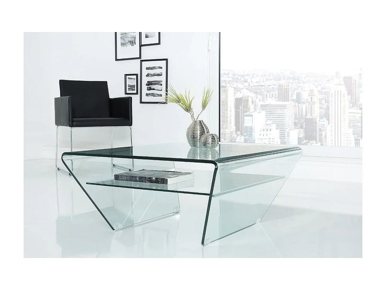 Table basse HOLOW avec étagère – Table basse design asymétrique en verre trempé