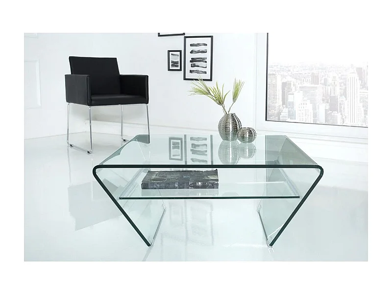 Table basse HOLOW avec étagère – Table basse design asymétrique en verre trempé