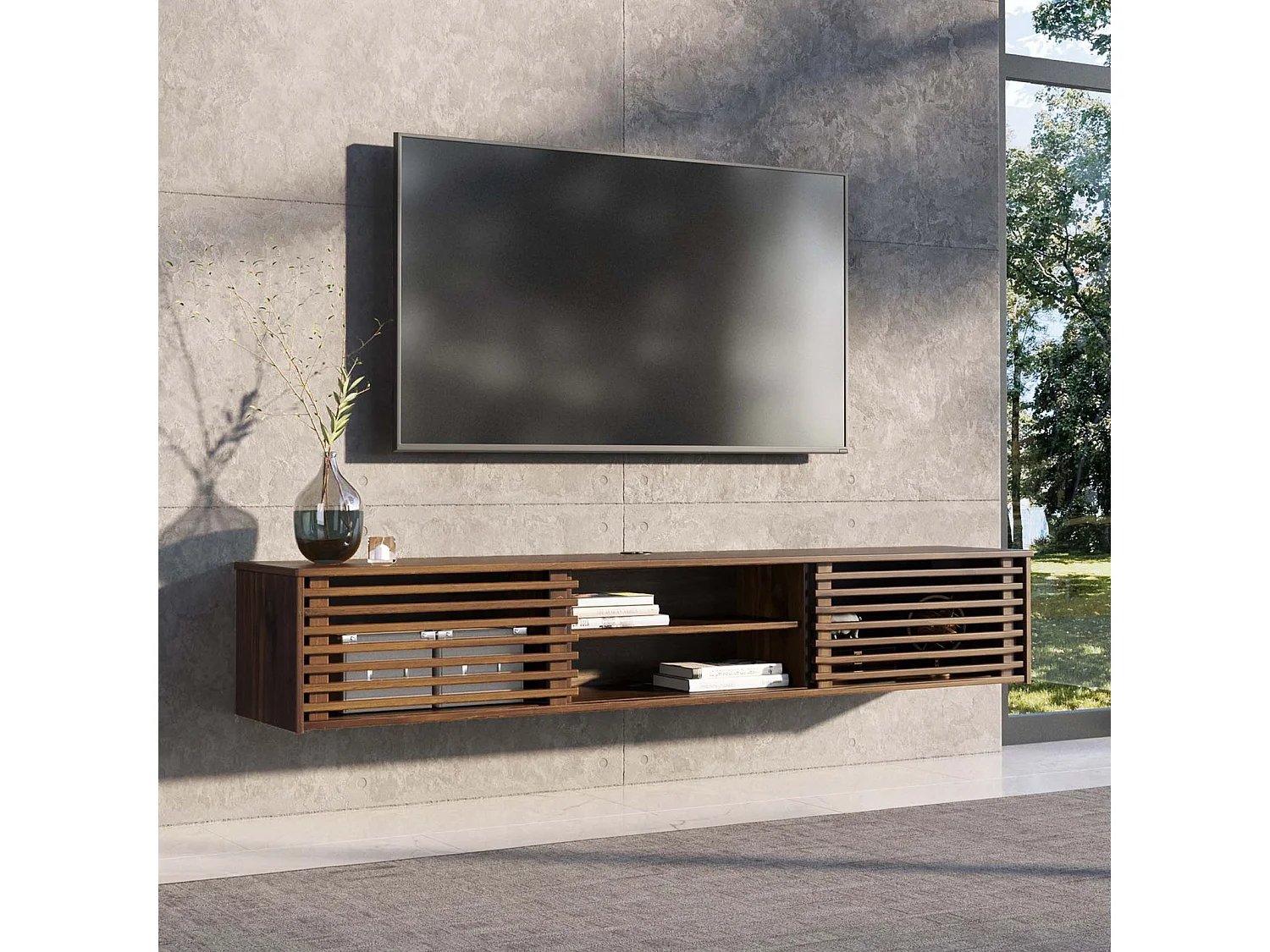 Meuble TV RIAN  175 cm avec Portes Coulissantes et Niche avec Étagère en Bois Massif Coloris Châtaigne, Pour Télévision Jusqu'à 75"