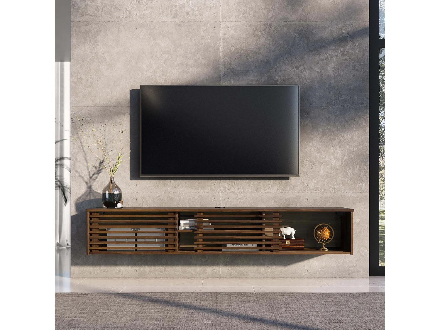 Meuble TV RIAN  175 cm avec Portes Coulissantes et Niche avec Étagère en Bois Massif Coloris Châtaigne, Pour Télévision Jusqu'à 75"