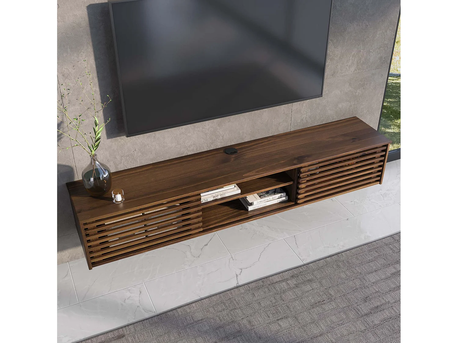 Meuble TV RIAN  175 cm avec Portes Coulissantes et Niche avec Étagère en Bois Massif Coloris Châtaigne, Pour Télévision Jusqu'à 75"