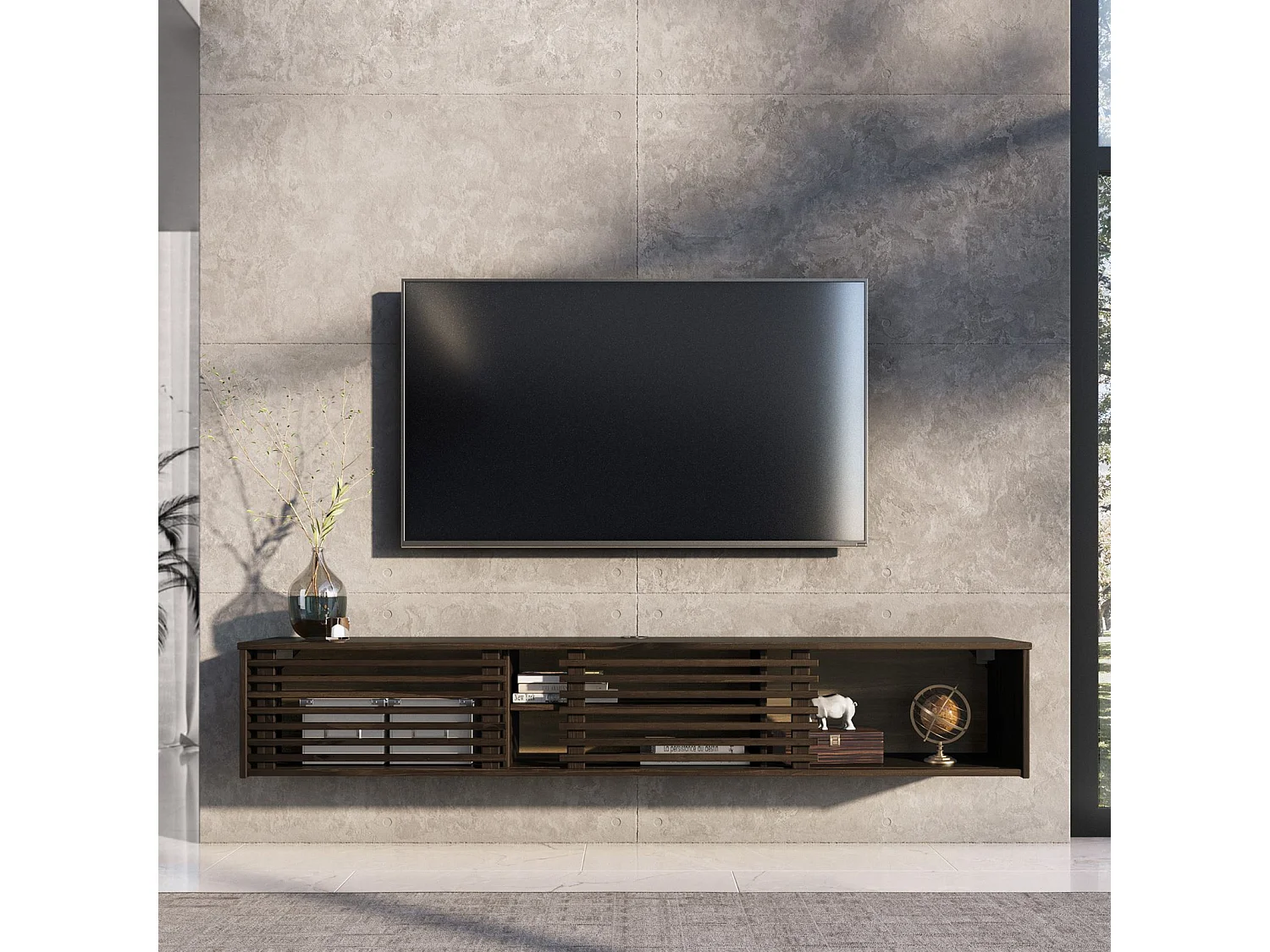 Meuble TV RIAN  175 cm avec Portes Coulissantes et Niche avec Étagère en Bois Massif, Pour Télévision Jusqu'à 75" Coloris Noyer