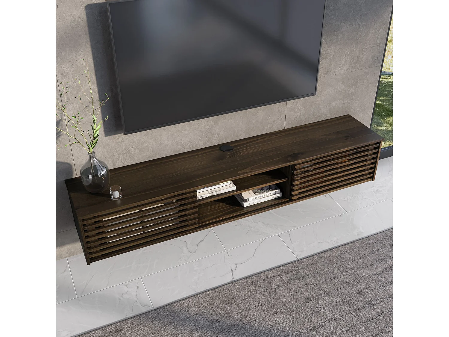 Meuble TV RIAN  175 cm avec Portes Coulissantes et Niche avec Étagère en Bois Massif, Pour Télévision Jusqu'à 75" Coloris Noyer