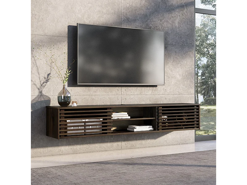 Meuble TV RIAN  175 cm avec Portes Coulissantes et Niche avec Étagère en Bois Massif, Pour Télévision Jusqu'à 75" Coloris Noyer
