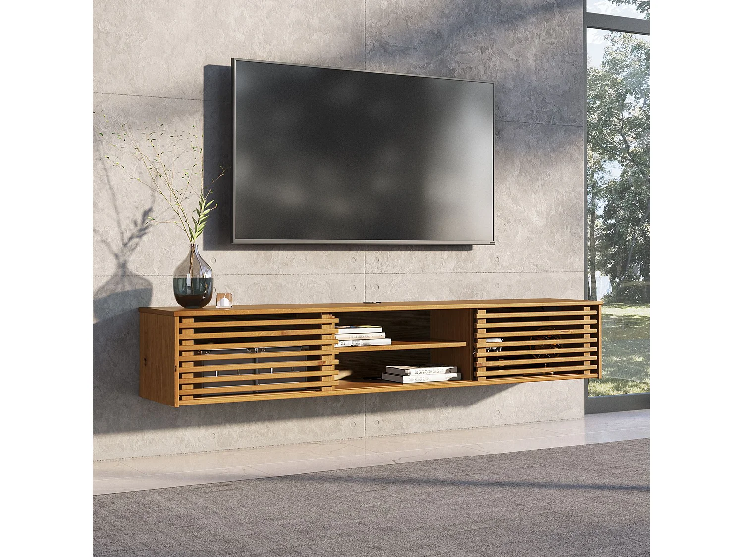 Meuble TV RIAN  175 cm avec Portes Coulissantes et Niche avec Étagère en Bois Massif Coloris Chêne, Pour Télévision Jusqu'à 75"