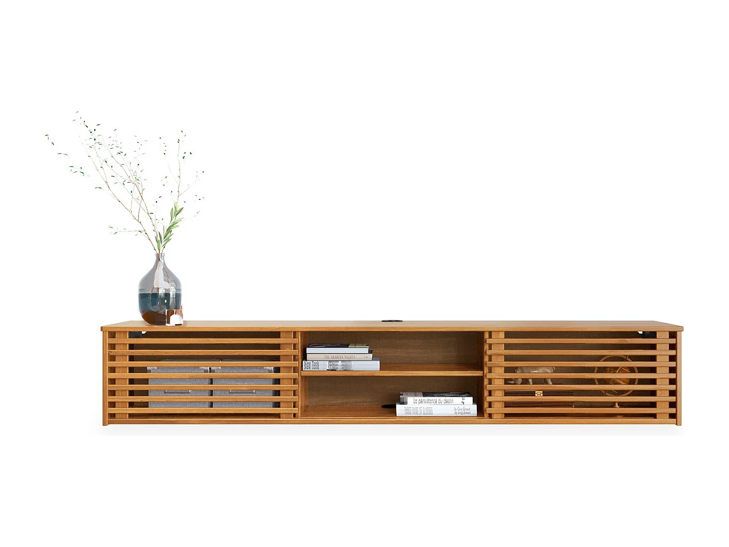 Meuble TV RIAN  175 cm avec Portes Coulissantes et Niche avec Étagère en Bois Massif Coloris Chêne, Pour Télévision Jusqu'à 75"