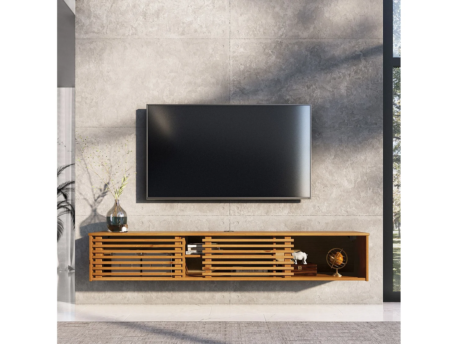 Meuble TV RIAN  175 cm avec Portes Coulissantes et Niche avec Étagère en Bois Massif Coloris Chêne, Pour Télévision Jusqu'à 75"