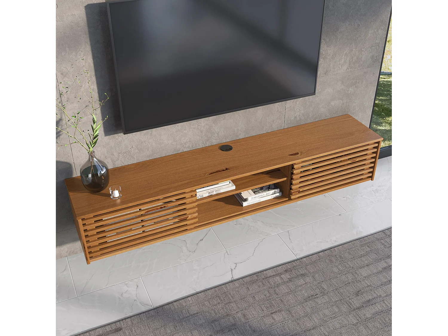 Meuble TV RIAN  175 cm avec Portes Coulissantes et Niche avec Étagère en Bois Massif Coloris Chêne, Pour Télévision Jusqu'à 75"