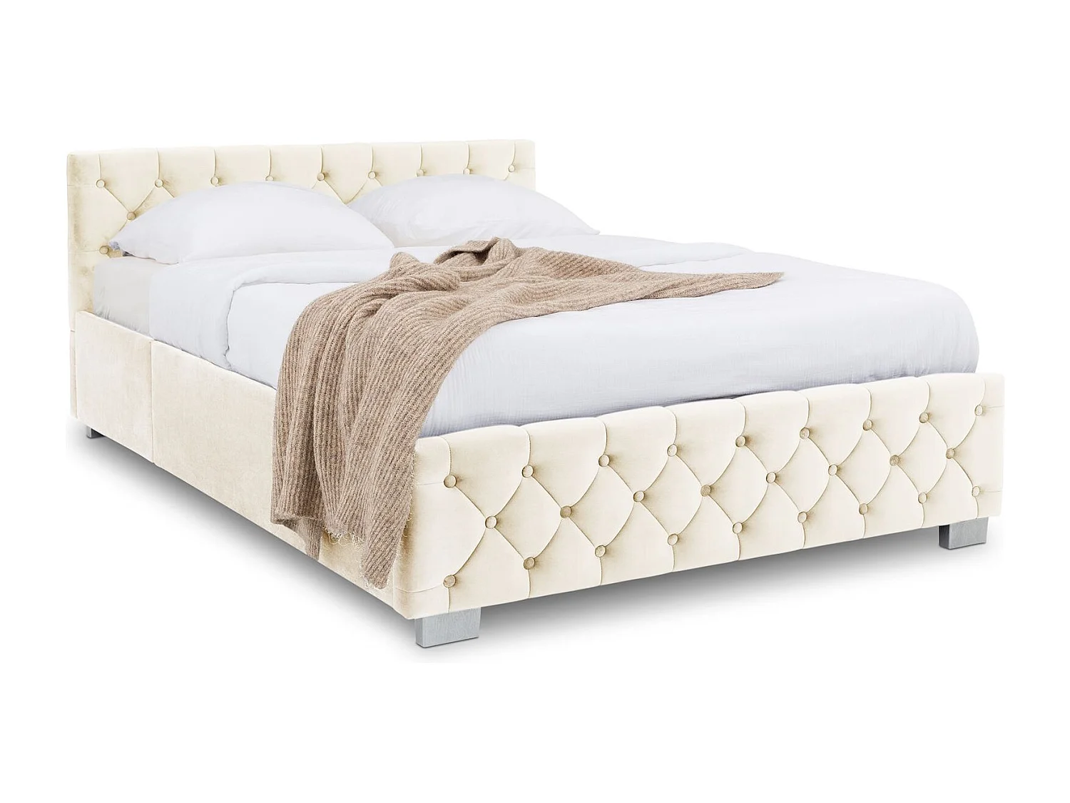 Lit Coffre NURI rembourré, Lit Double, Surface de Couchage 140x190 cm, Blanc Crème, Velours Doux et Lumineux