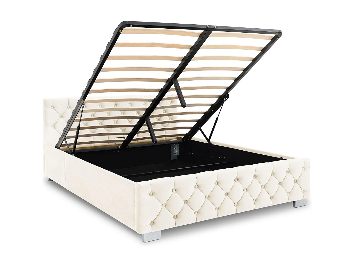 Lit Coffre NURI rembourré, Lit Double, Surface de Couchage 140x190 cm, Blanc Crème, Velours Doux et Lumineux