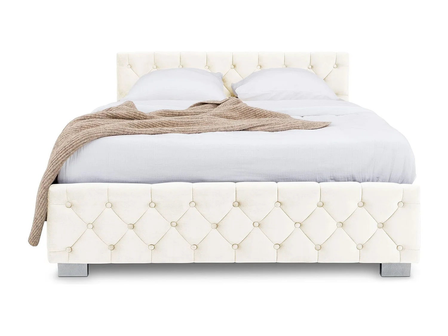 Lit Coffre NURI rembourré, Lit Double, Surface de Couchage 140x190 cm, Blanc Crème, Velours Doux et Lumineux