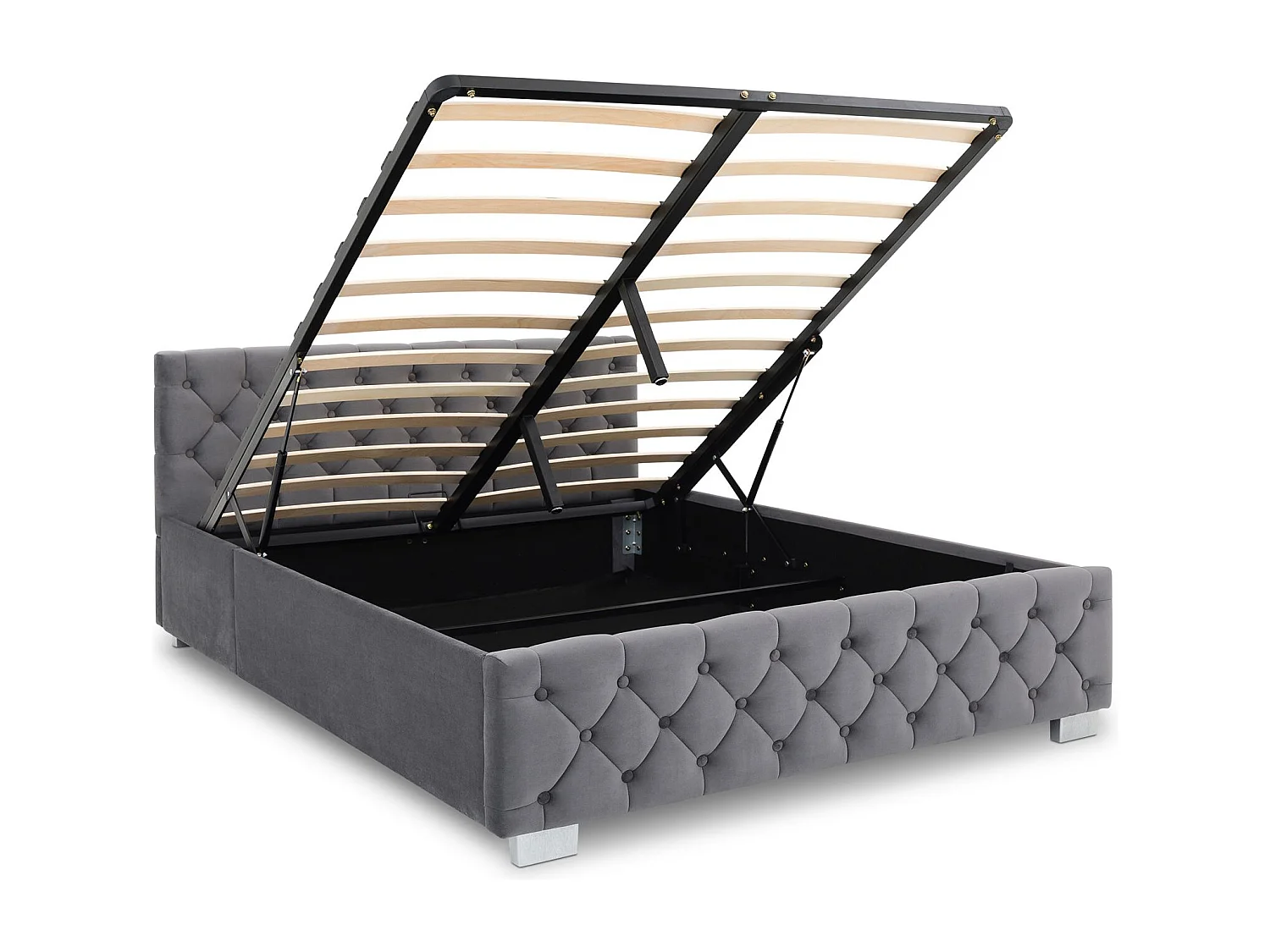 Lit Coffre NURI rembourré, Lit Double, Surface de Couchage 140x190 cm, Gris foncé, Velours Doux et Lumineux