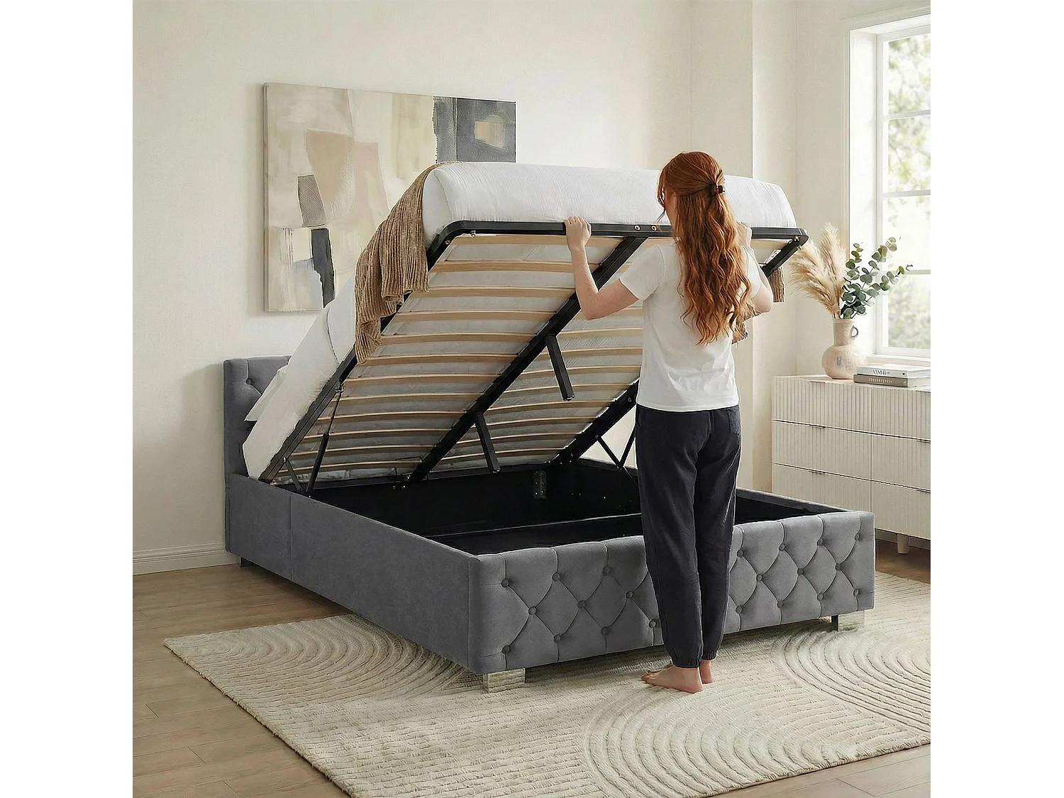 Lit Coffre NURI rembourré, Lit Double, Surface de Couchage 140x190 cm, Gris foncé, Velours Doux et Lumineux