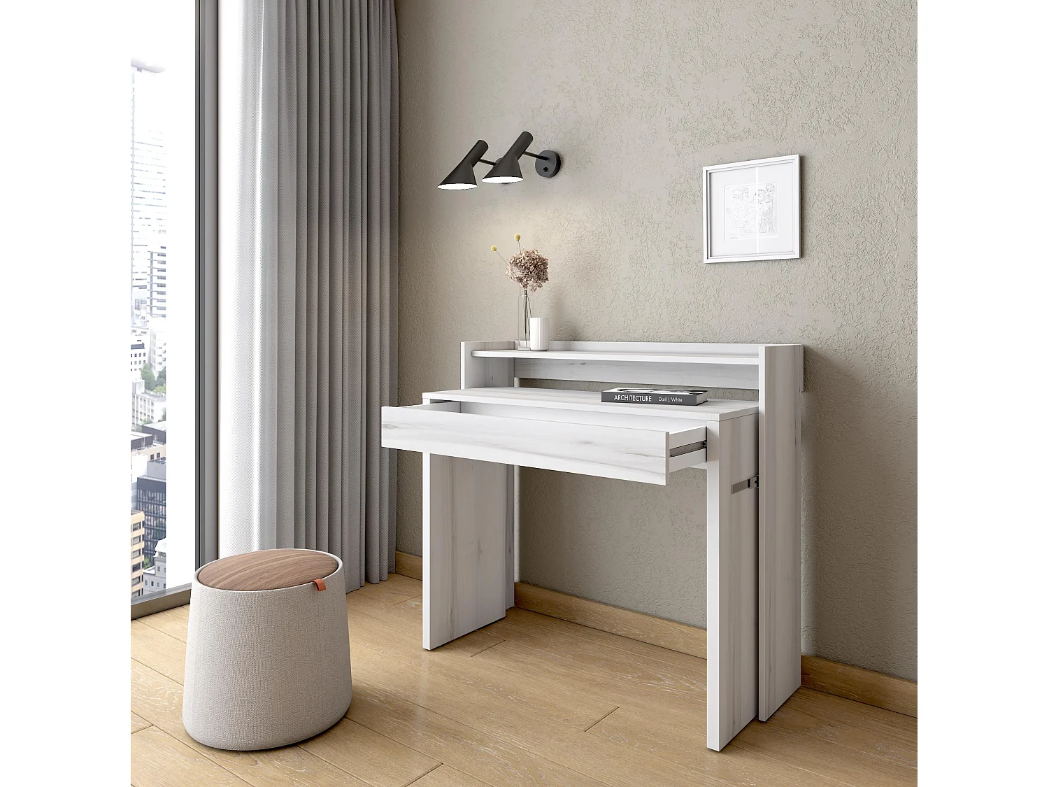 Uitschuifbaar Bureau, 99x90x35cm, intrekbaar, Computer Table, Gemarmerd wit