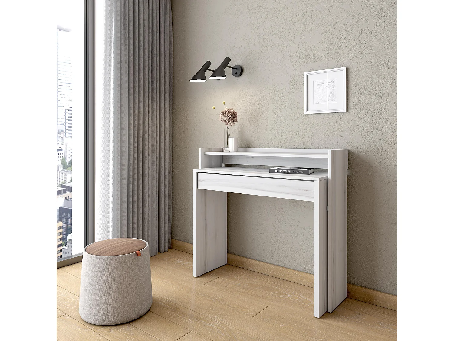 Bureau Extensible, 99x90x35cm, rétractable, Bureau Ordinateur, Blanc veiné