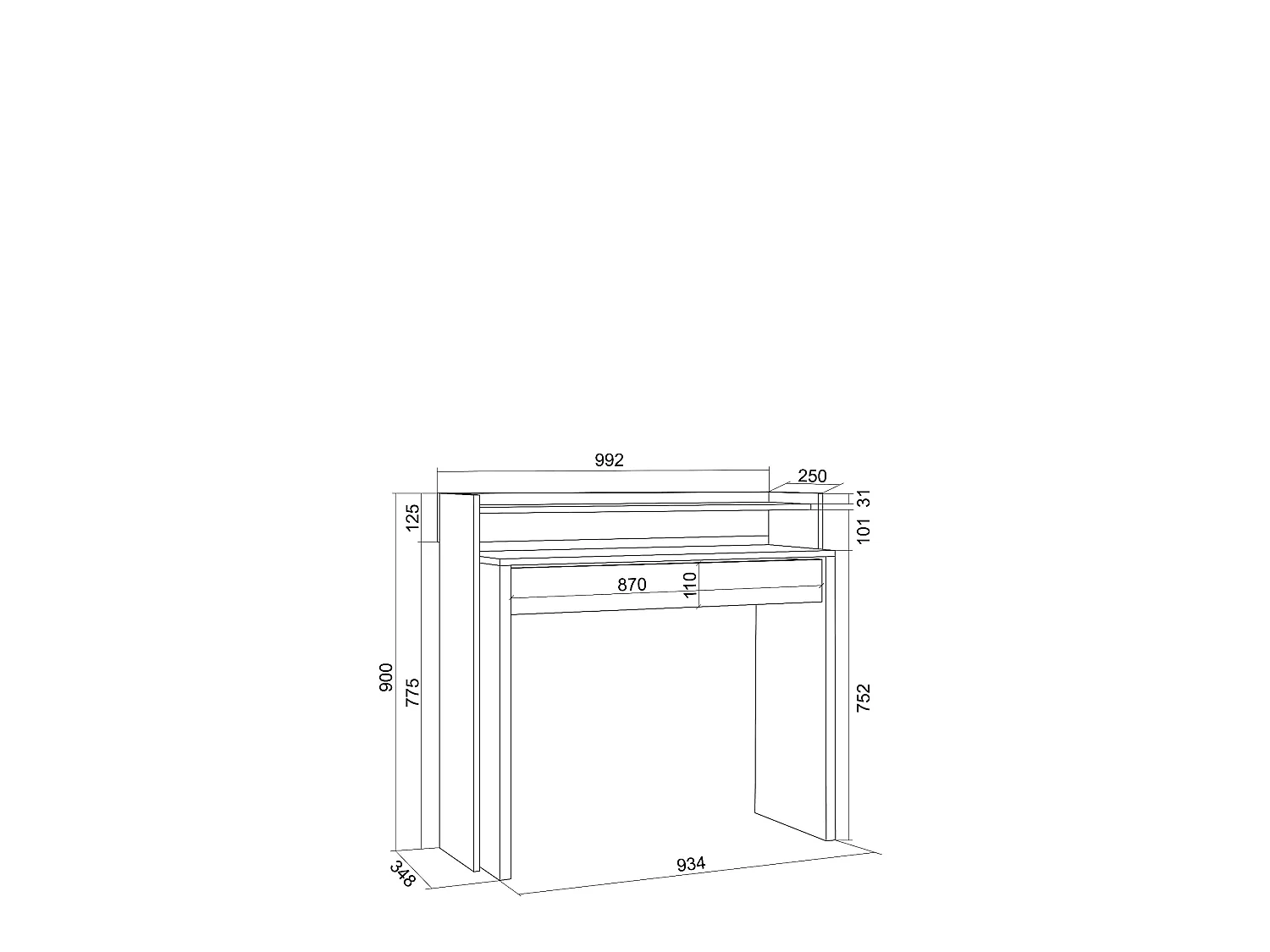 Bureau Extensible, 99x90x35cm, rétractable, Bureau Ordinateur, Blanc veiné