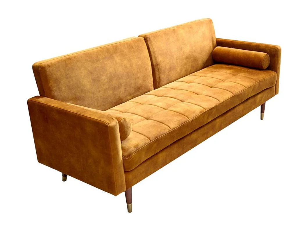 Canapé droit ATELIA jaune moutarde convertible – Canapé-lit design en velours avec structure en bois massif