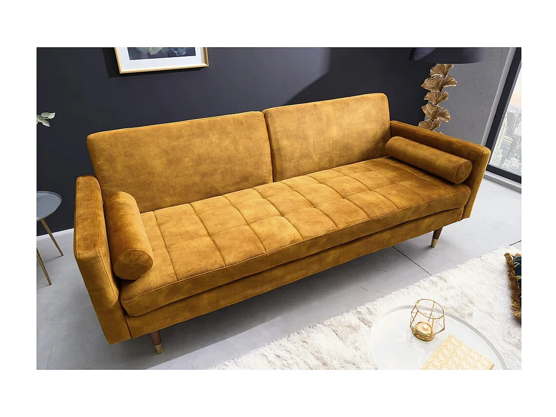 Canapé droit ATELIA jaune moutarde convertible – Canapé-lit design en velours avec structure en bois massif