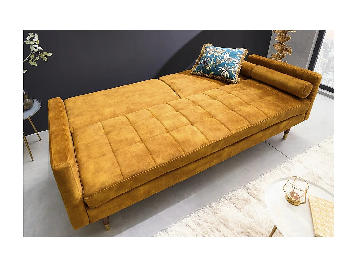 Canapé droit ATELIA jaune moutarde convertible – Canapé-lit design en velours avec structure en bois massif