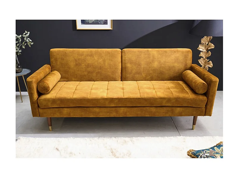 Canapé droit ATELIA jaune moutarde convertible – Canapé-lit design en velours avec structure en bois massif