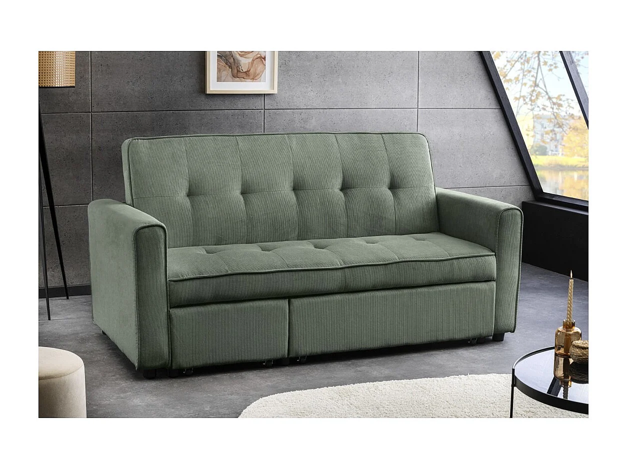 Modulaire slaapbank ROULY groen 180 cm – Rechte bank, hoekbank of bed in ribfluweel