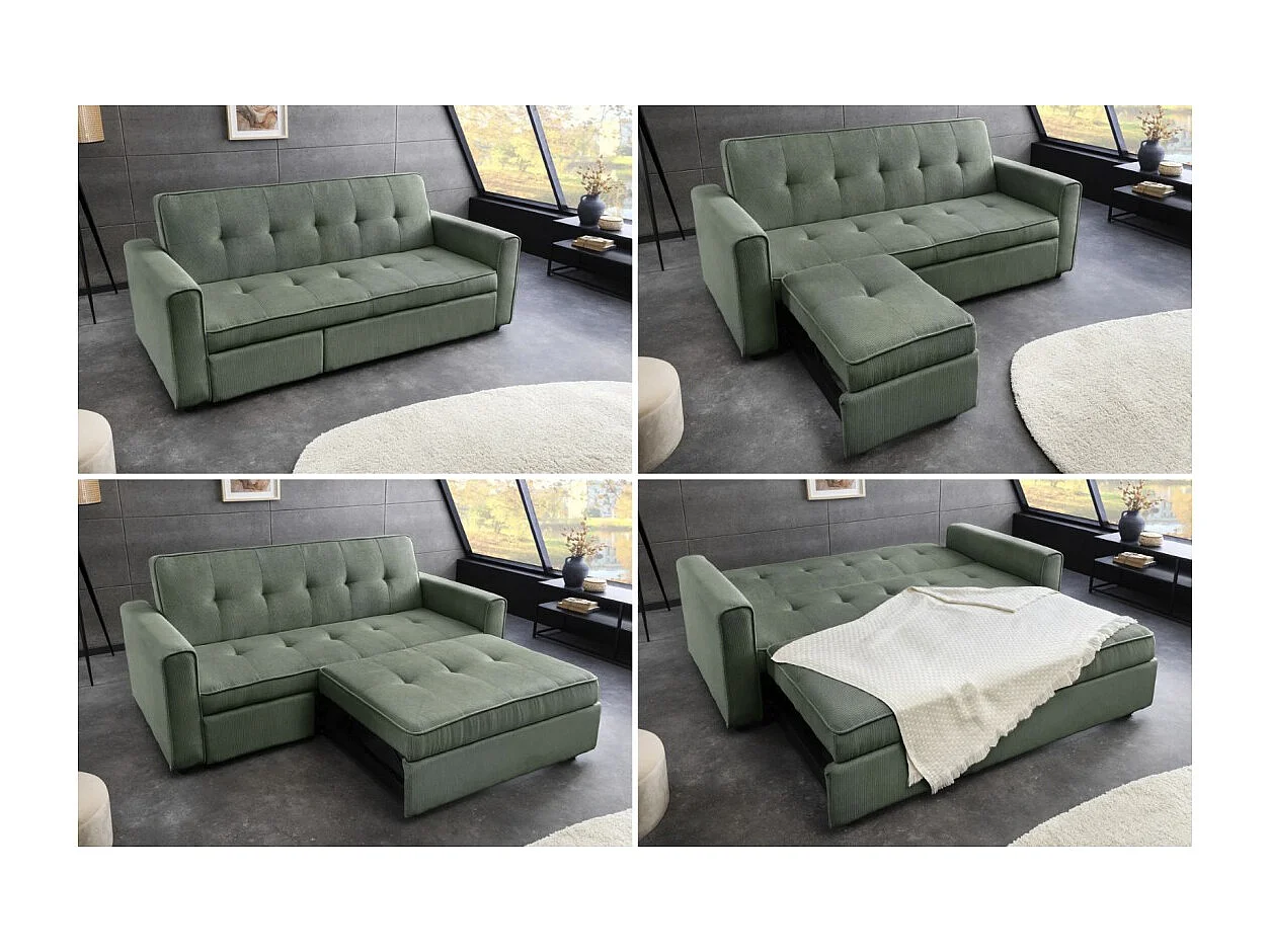 Modulaire slaapbank ROULY groen 180 cm – Rechte bank, hoekbank of bed in ribfluweel