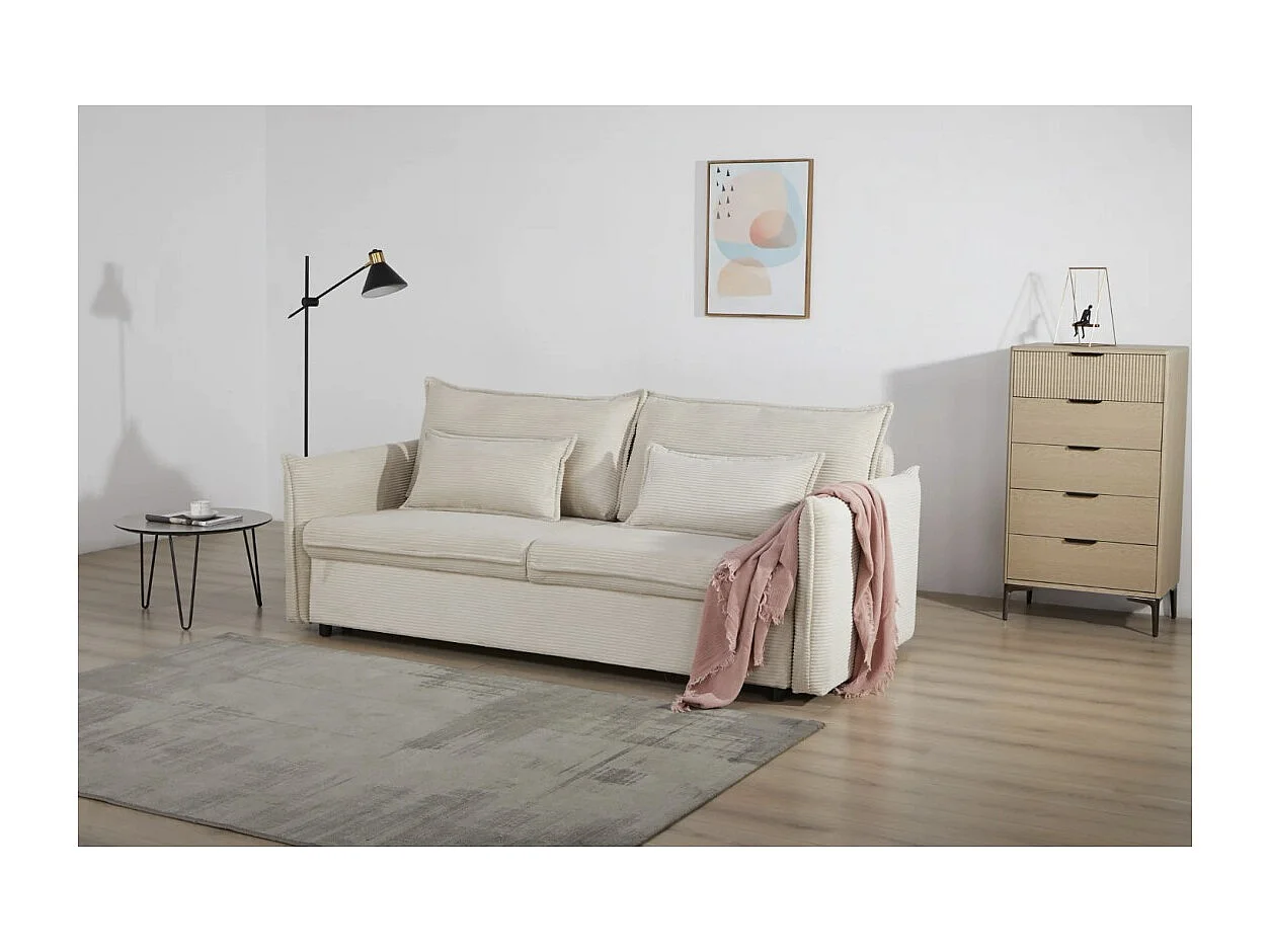 Sofá recto CALDERO beige convertible con almacenamiento - Sofá-cama de pana con almacenamiento integrado