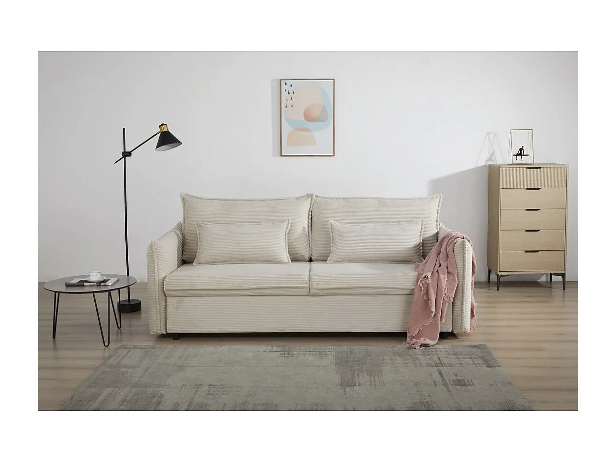 Sofá recto CALDERO beige convertible con almacenamiento - Sofá-cama de pana con almacenamiento integrado