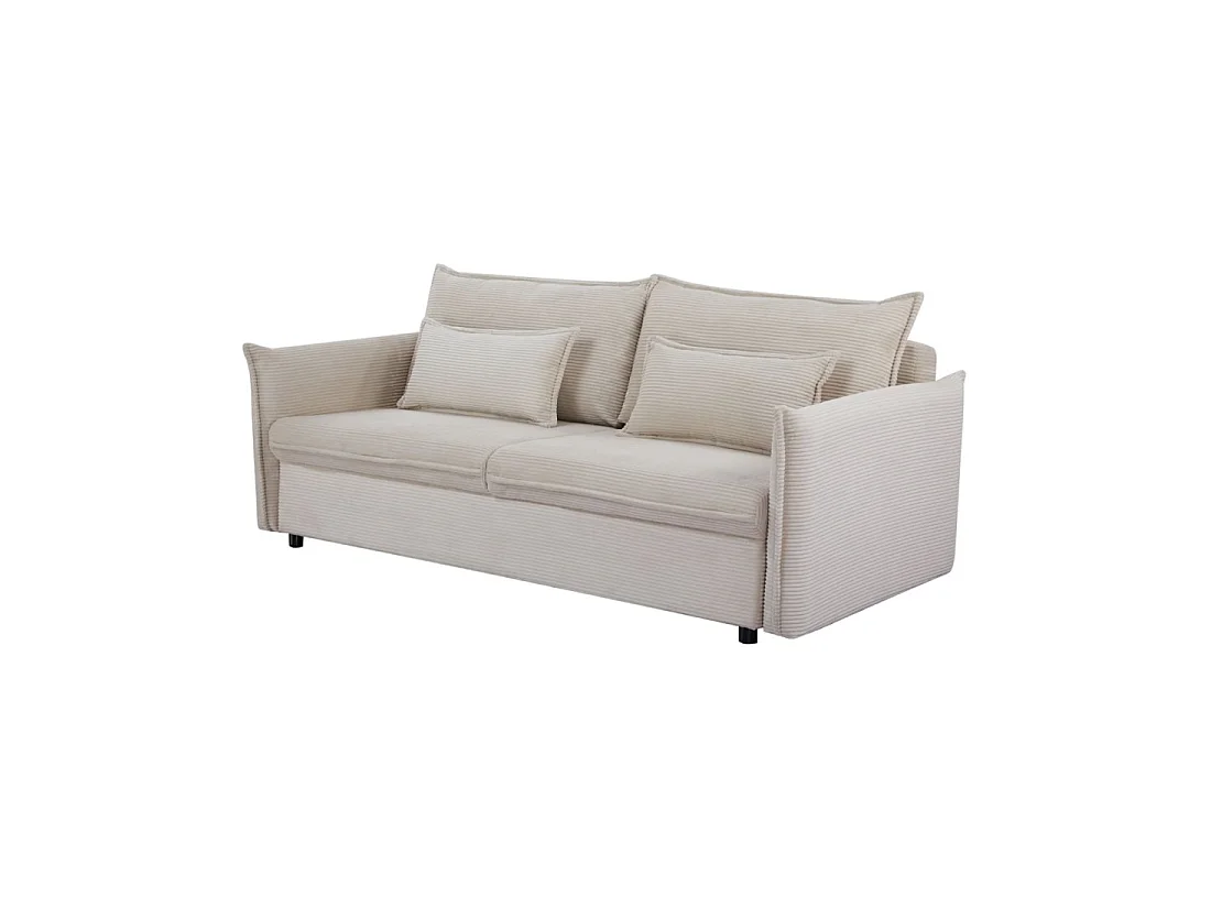 Straight CALDERO beige convertible sofa with storage - Ribbed velvet sofa bed with integrated storage