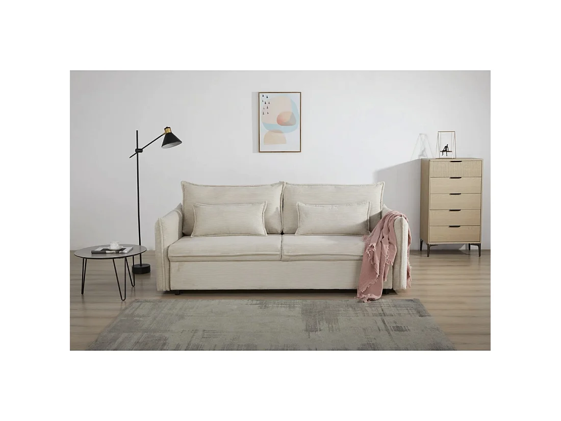 Straight CALDERO beige convertible sofa with storage - Ribbed velvet sofa bed with integrated storage