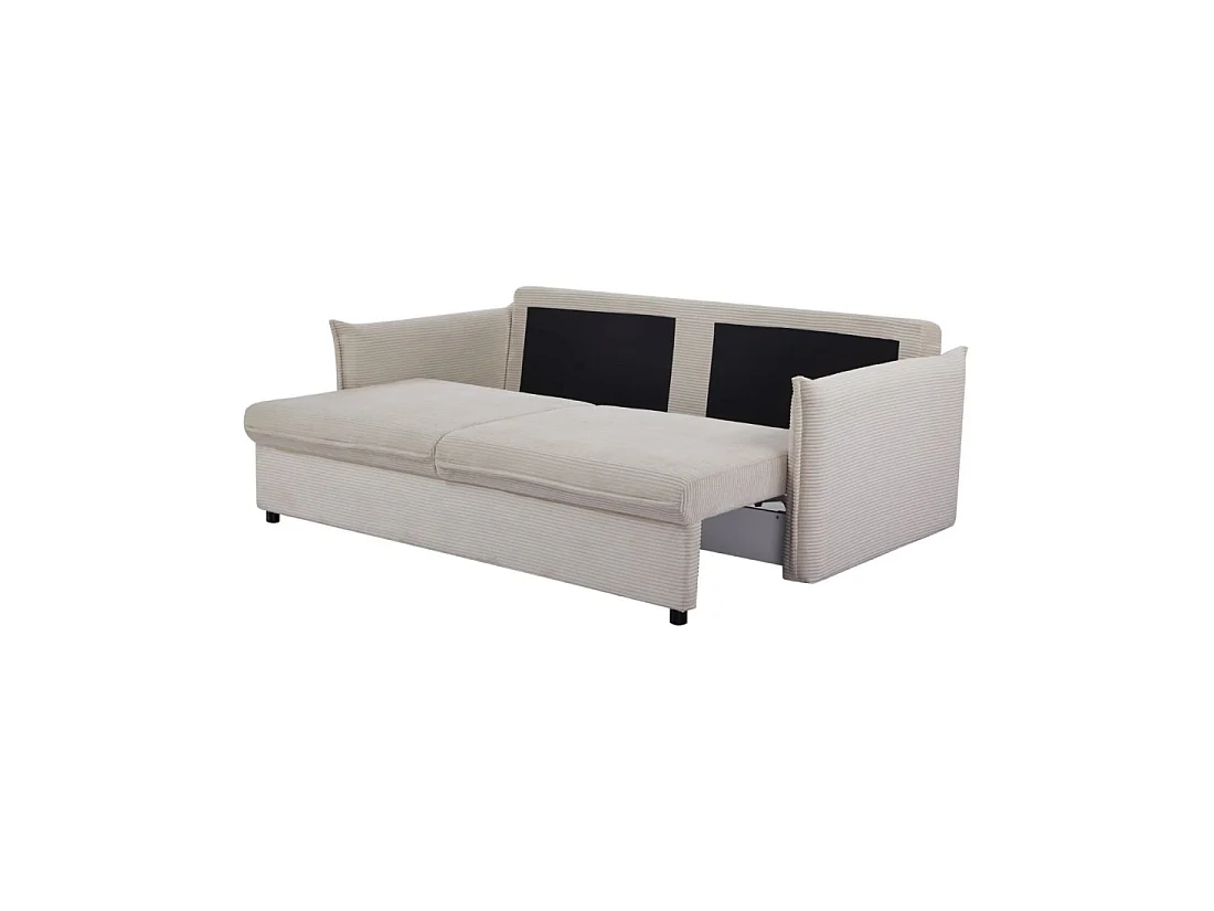 Straight CALDERO beige convertible sofa with storage - Ribbed velvet sofa bed with integrated storage