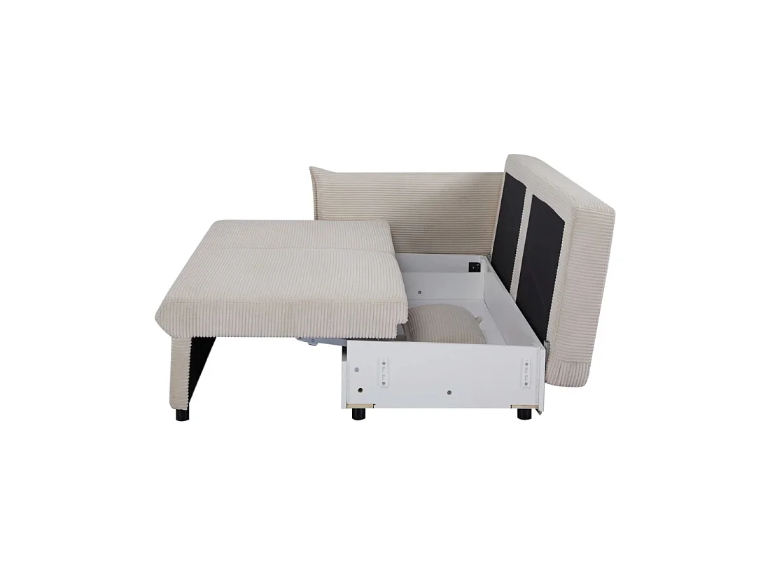 Straight CALDERO beige convertible sofa with storage - Ribbed velvet sofa bed with integrated storage