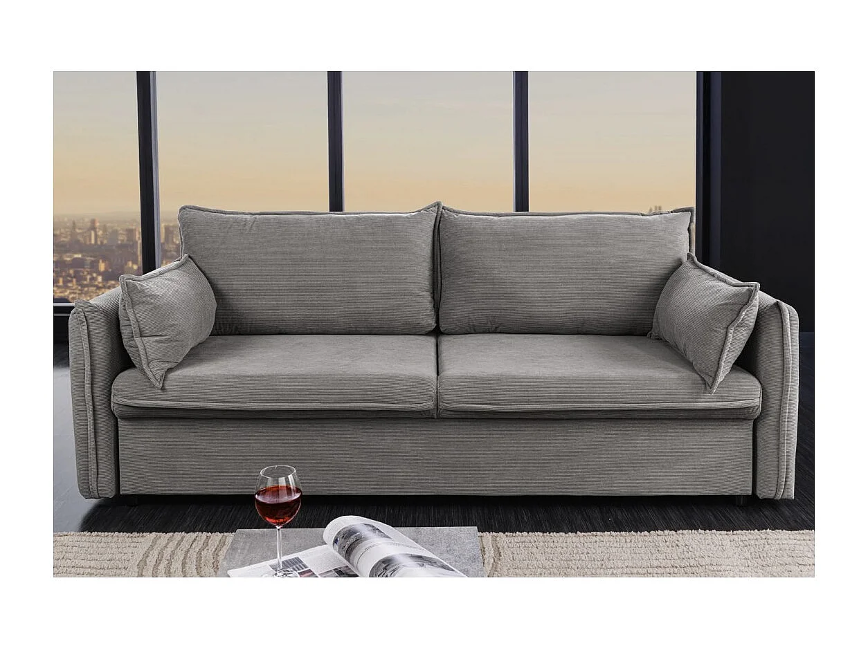 Canapé droit CALDERO gris foncé convertible avec coffre – Canapé-lit en velours côtelé avec rangement intégré