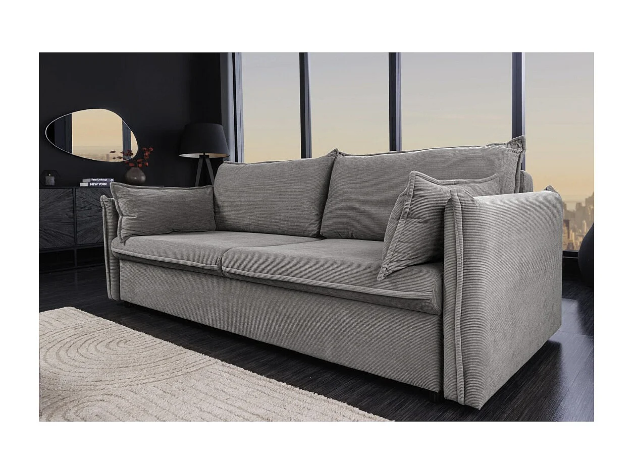 Canapé droit CALDERO gris foncé convertible avec coffre – Canapé-lit en velours côtelé avec rangement intégré