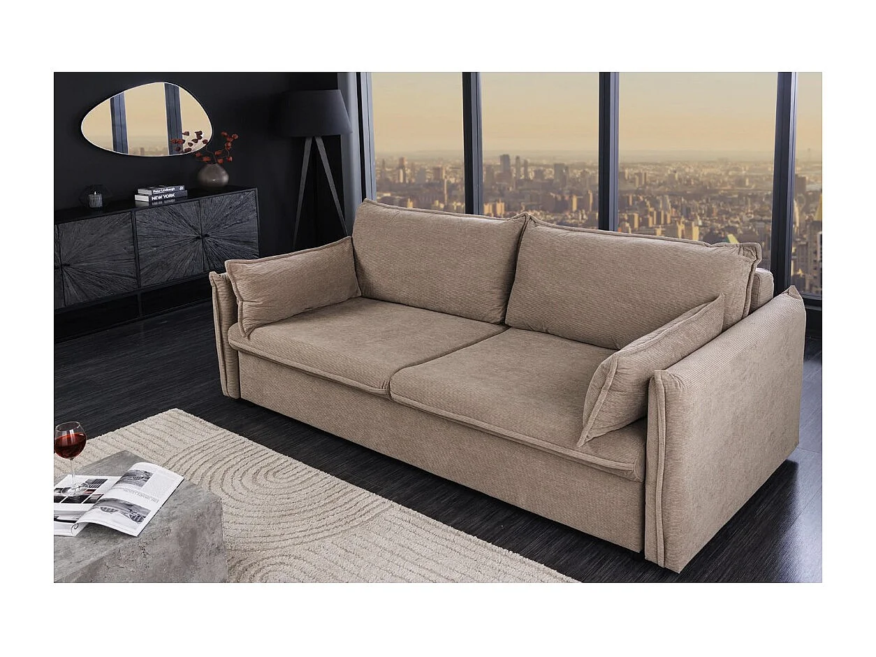 Canapé droit CALDERO taupe convertible avec coffre – Canapé-lit en velours côtelé avec rangement intégré