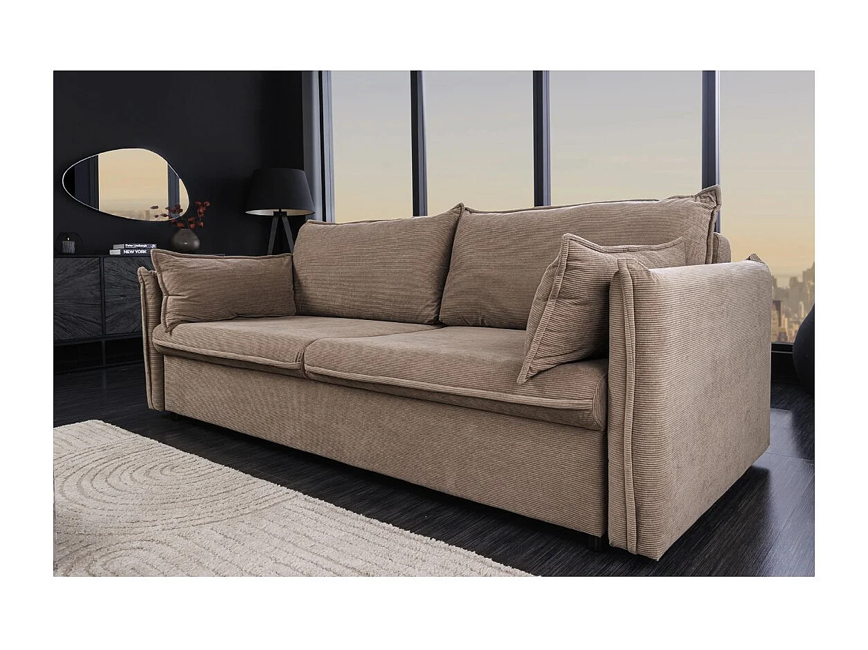 Canapé droit CALDERO taupe convertible avec coffre – Canapé-lit en velours côtelé avec rangement intégré