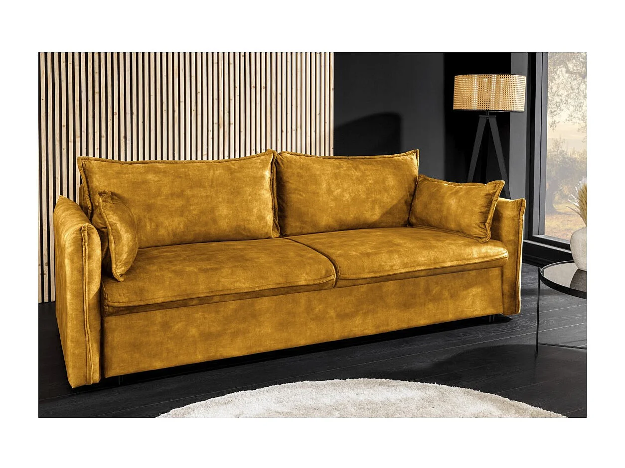 Canapé droit CALDERO jaune moutarde convertible avec coffre – Canapé-lit en velours doux avec rangement intégré