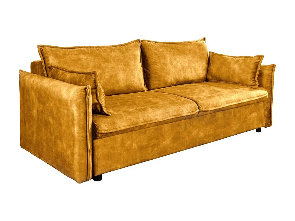 Canapé droit CALDERO jaune moutarde convertible avec coffre – Canapé-lit en velours doux avec rangement intégré