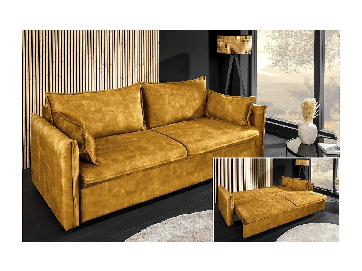 Canapé droit CALDERO jaune moutarde convertible avec coffre – Canapé-lit en velours doux avec rangement intégré