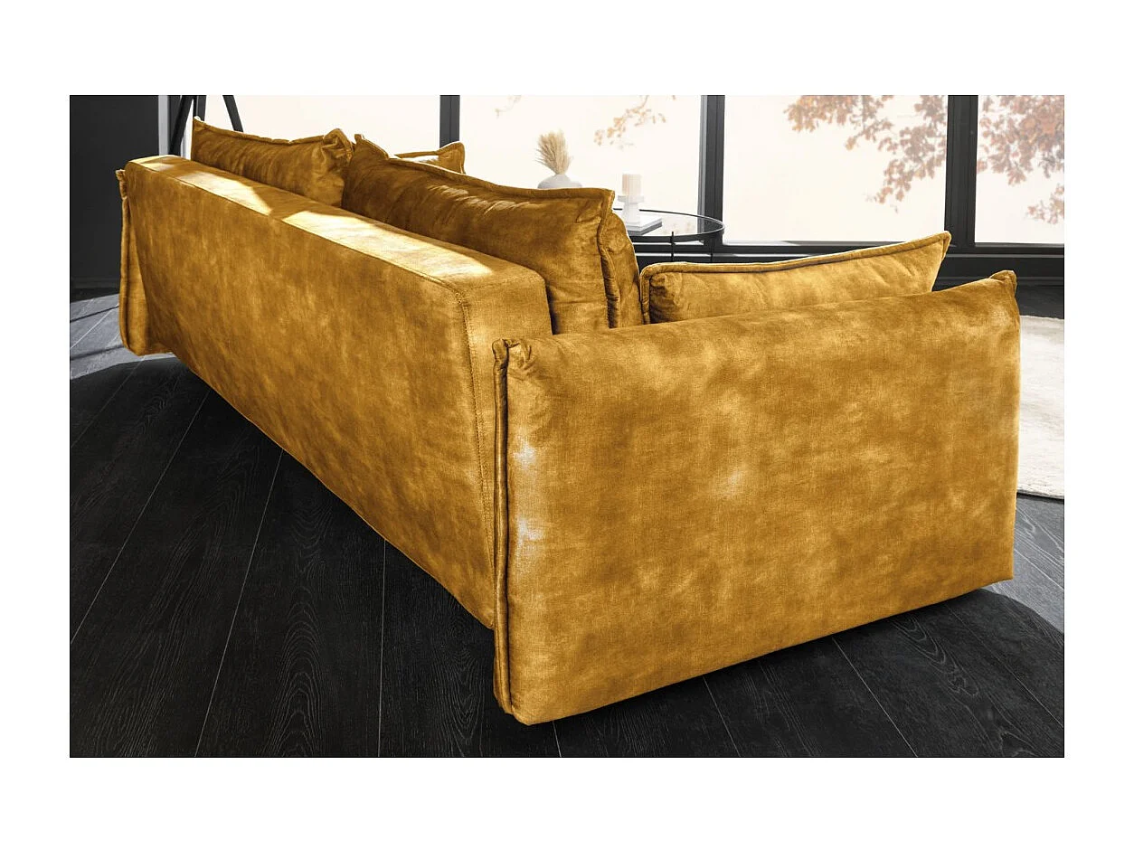 Canapé droit CALDERO jaune moutarde convertible avec coffre – Canapé-lit en velours doux avec rangement intégré
