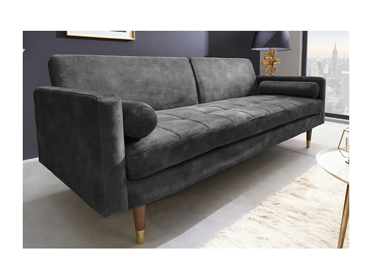 Canapé droit ATELIA gris convertible – Canapé-lit design en velours avec structure en bois massif