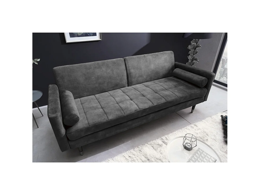 Sofa ATELIA grau, ausziehbar – Design-Schlafsofa aus Samt mit Massivholzgestell