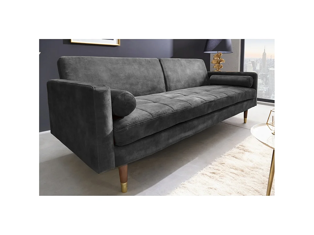 Sofa ATELIA grau, ausziehbar – Design-Schlafsofa aus Samt mit Massivholzgestell