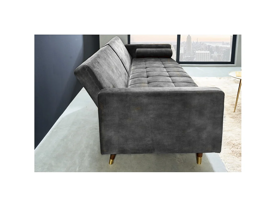 Sofa ATELIA grau, ausziehbar – Design-Schlafsofa aus Samt mit Massivholzgestell