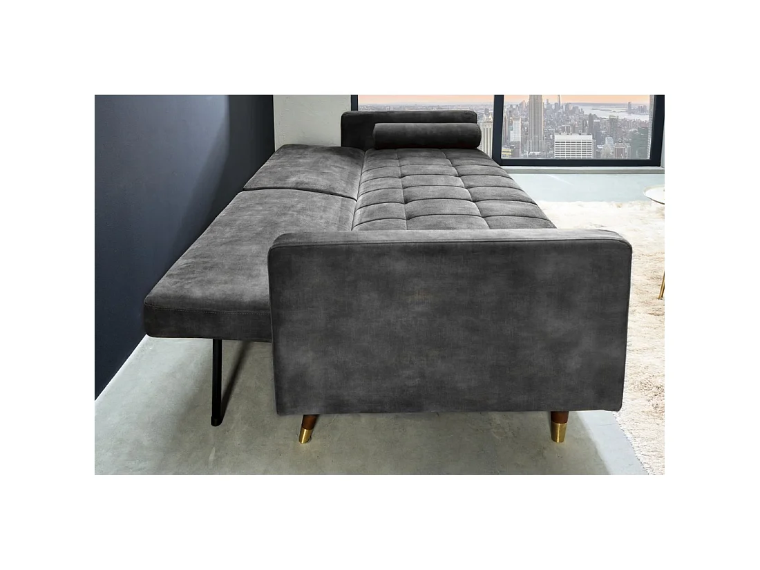 Sofa ATELIA grau, ausziehbar – Design-Schlafsofa aus Samt mit Massivholzgestell