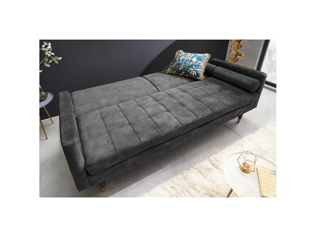 Sofa ATELIA grau, ausziehbar – Design-Schlafsofa aus Samt mit Massivholzgestell