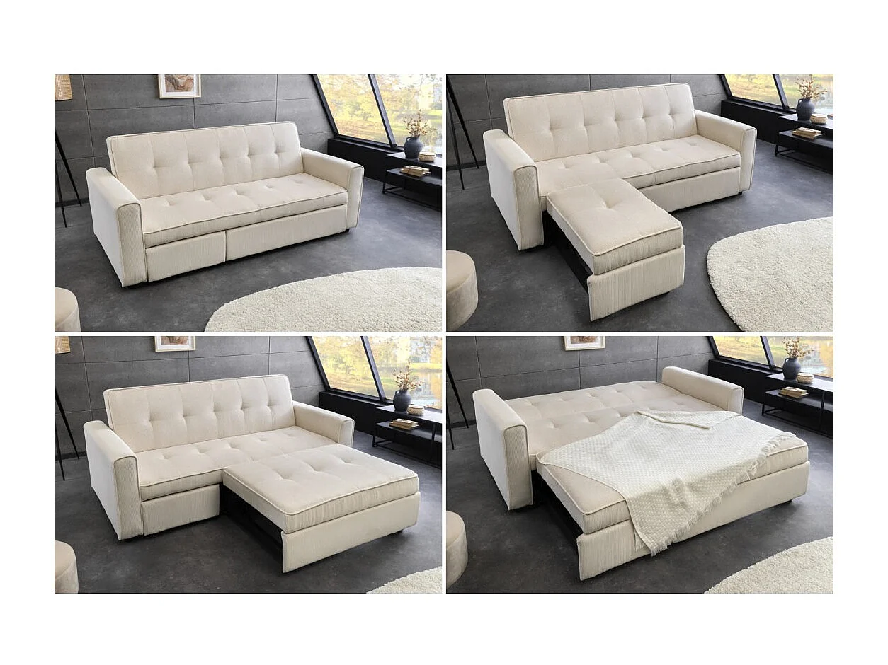 Modulaire slaapbank ROULY wit 180 cm - Rechte bank, hoek of bed in ribfluweel